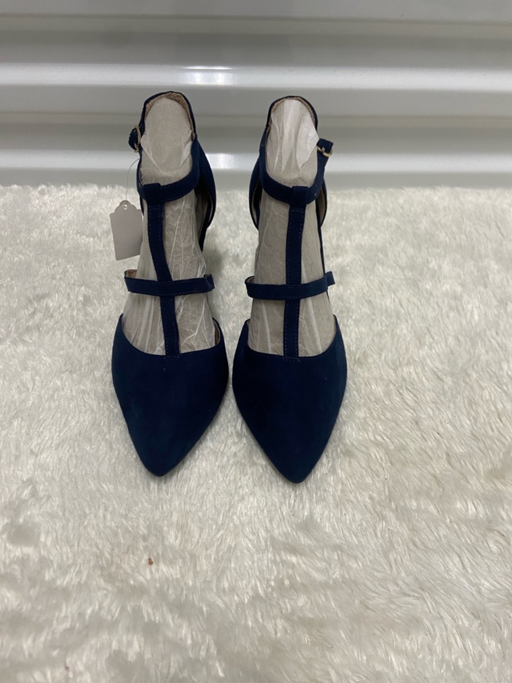 Kelly & Katie Navy T-Strap Pointed Heels